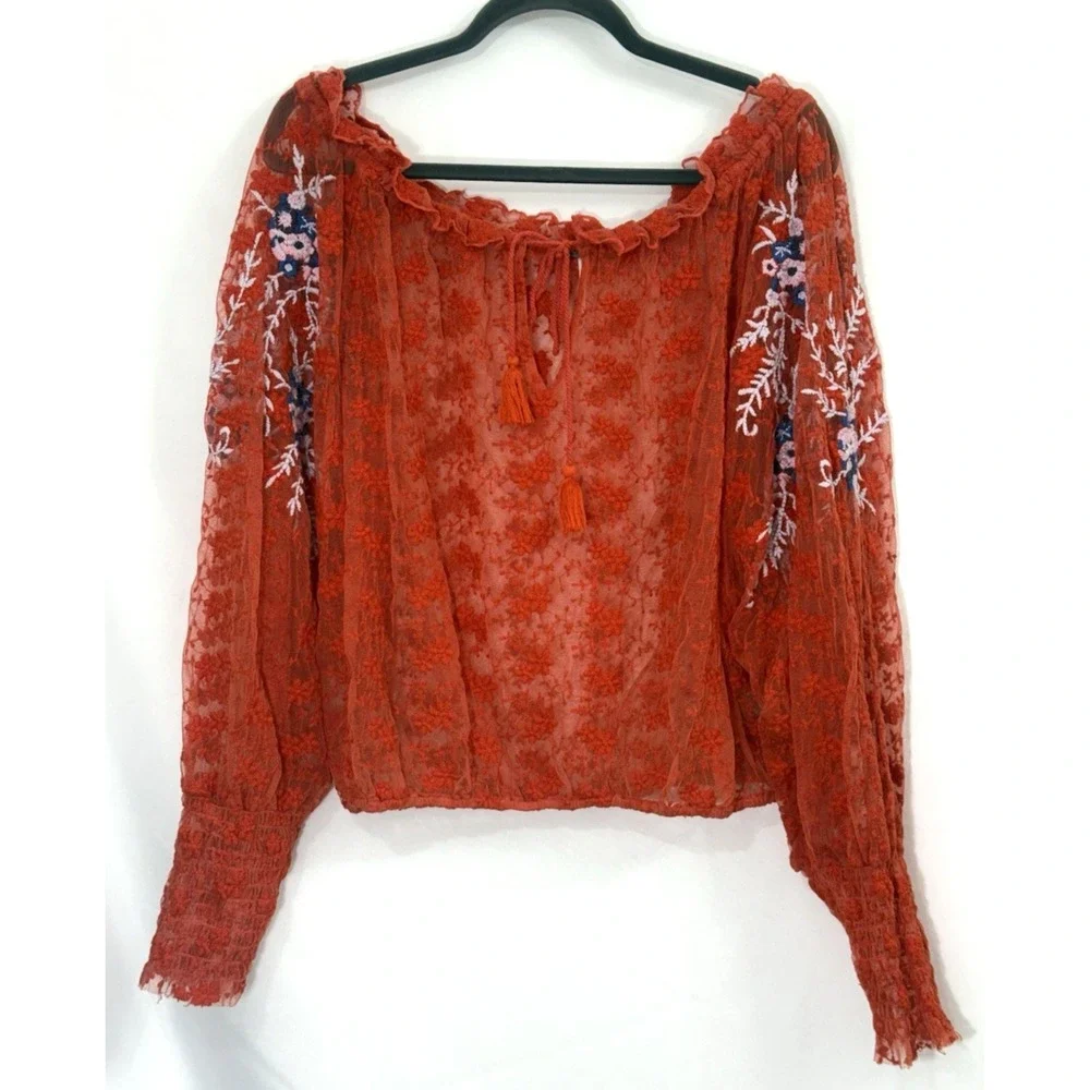 Free People Jubilee Red Sheer‎ Mesh Embroidered Top Blouse Crop Womens Size M